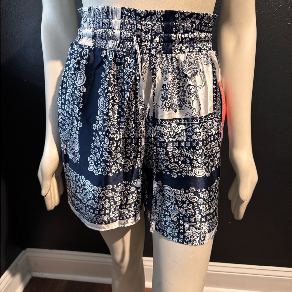 Bunulu Blue Paisley Boho Elastic High Rise Drawstring Silky Shorts NWT